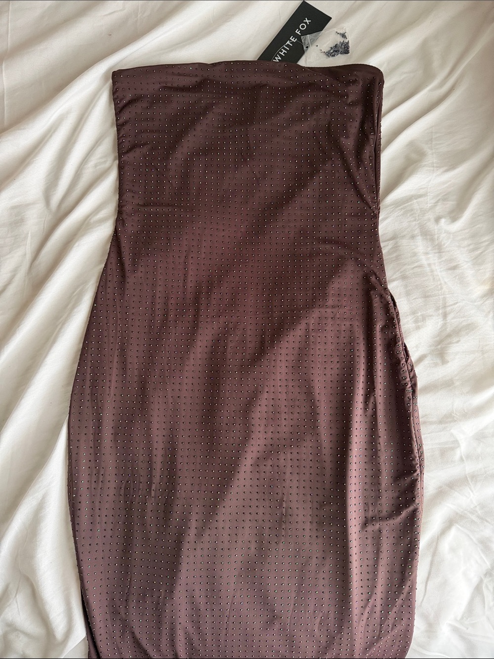 White Fox Boutique Strapless Brown Studded Bodycon Dress